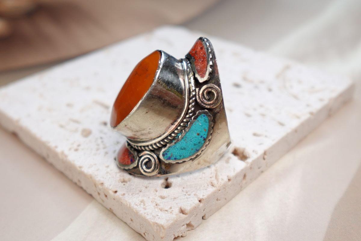 Tibetan Silver Mosaic Ring – Turquoise, Coral, Amber &amp; Lapis