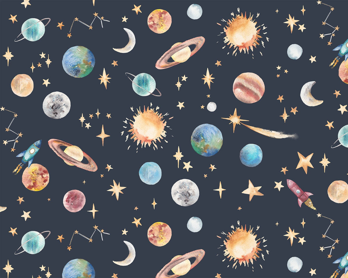 Watercolour Planet Wallpaper | Solar System, Stars &amp; Rockets | Kids Bedroom