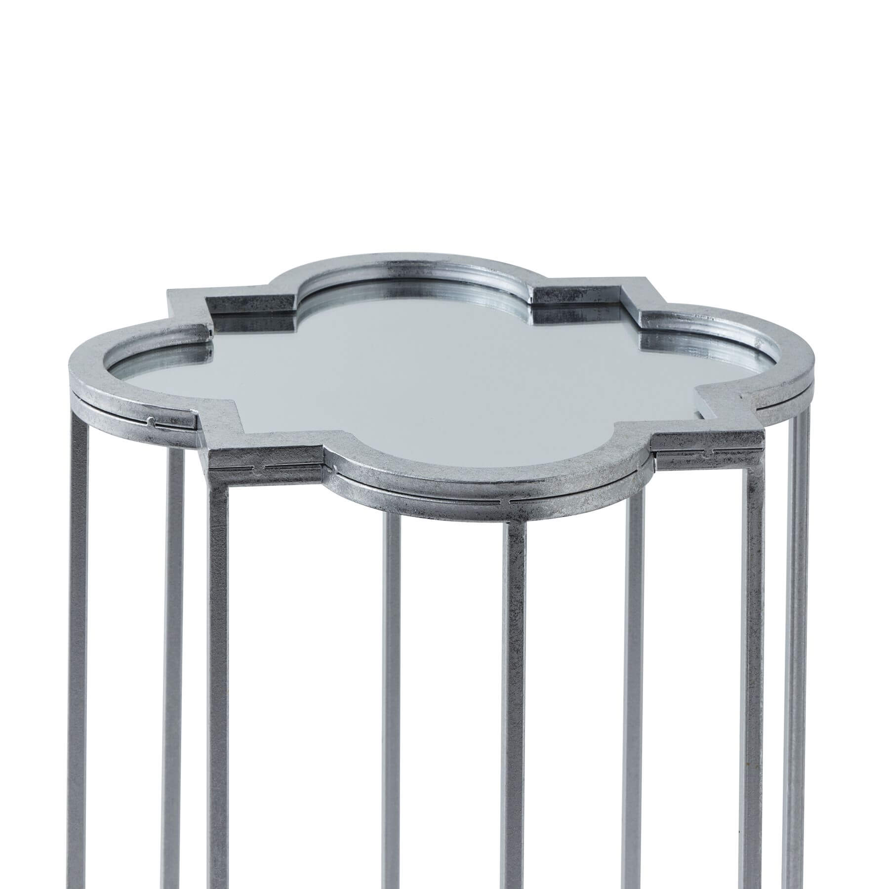 Pair of modern silver mirrored side tables with metal frame, 55x55cm, reflecting light in contemporary home decor by Sostter at brixbailey.com