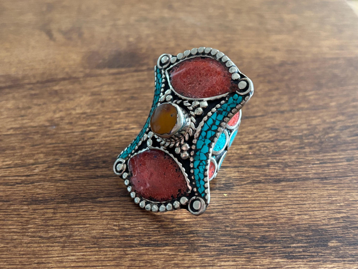 Adjustable Tibetan Silver Ring – Turquoise, Coral & Lapis Inlay