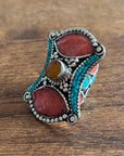 Adjustable Tibetan Silver Ring – Turquoise, Coral & Lapis Inlay