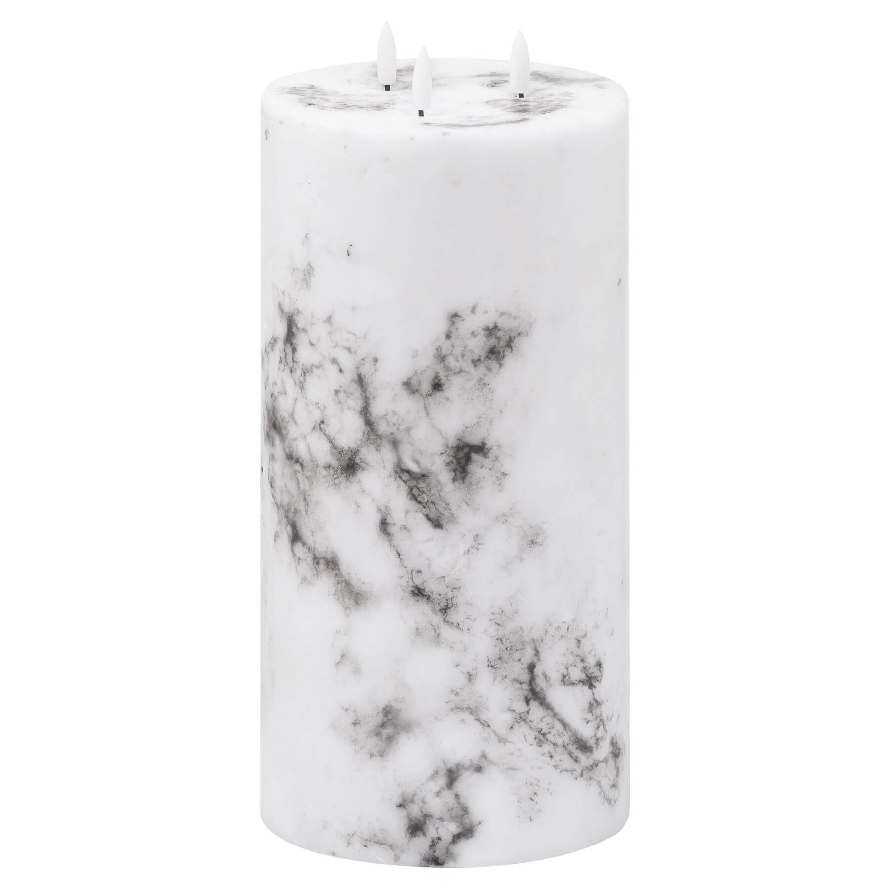 White marble-effect LED candle with amber flickering flame, 30cm tall, for elegant home decor  by Sostter at brixbailey.com