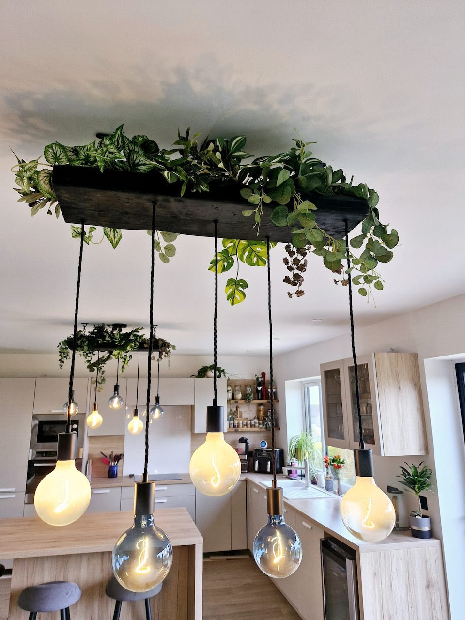 Wooden Chandelier with Black Canopy | Rustic Kitchen Island Lighting UK