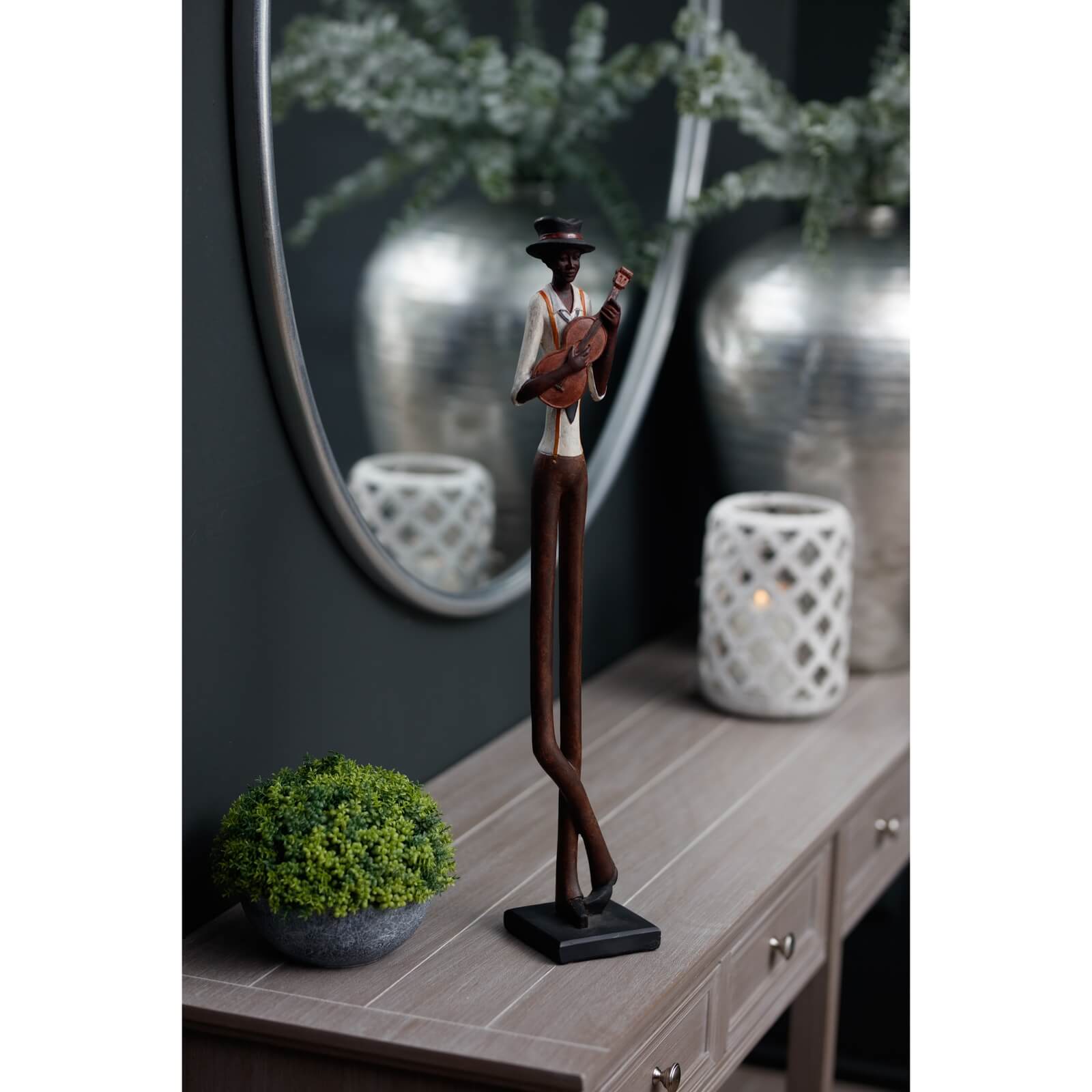 Bronze and copper jazz musician sculpture playing violin, art deco style resin decor for modern interiors by Sostter at brixbailey.com