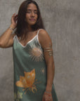 Vela Silk Slip Dress in Green Jungle Butterfly