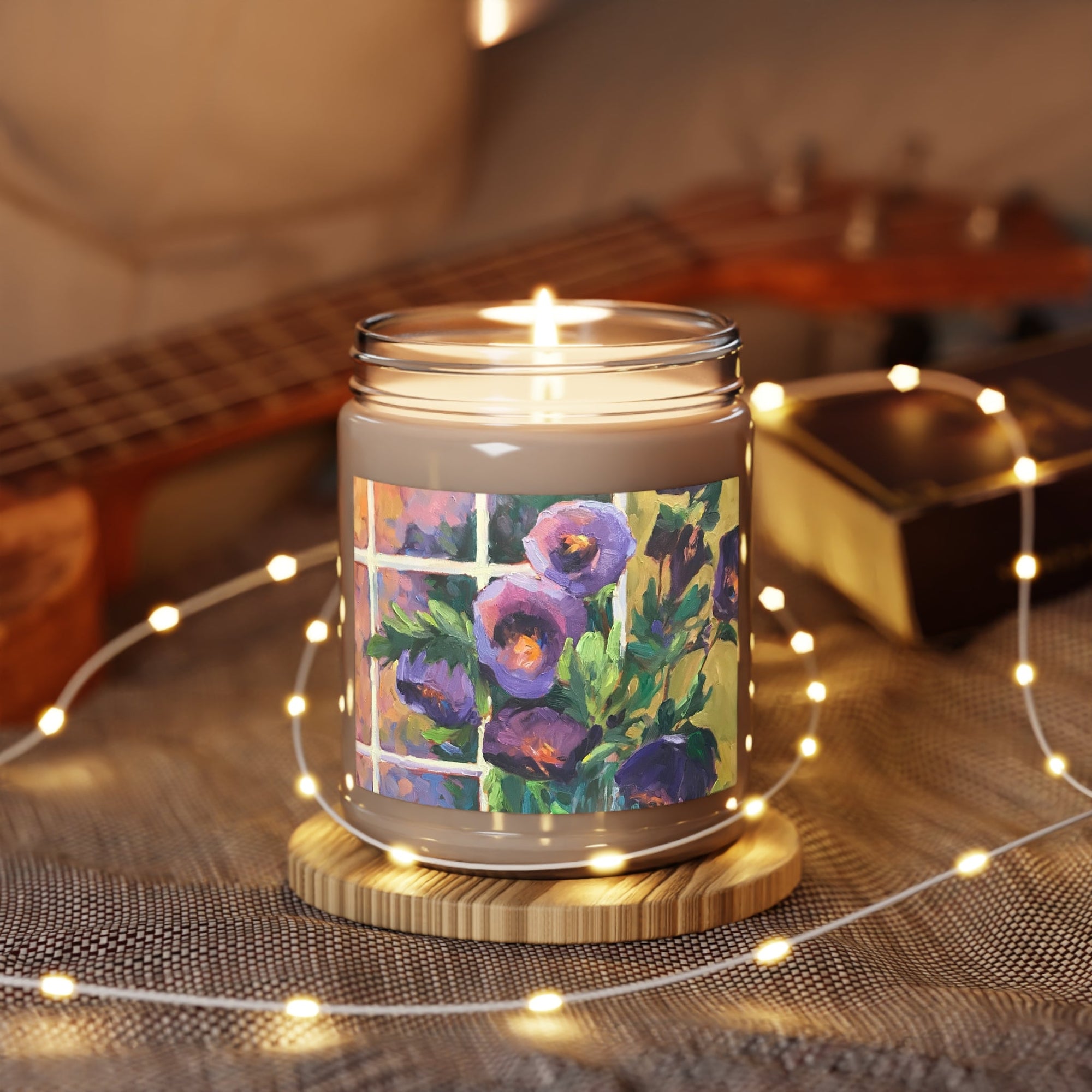 9oz Eco-Friendly Scented or Unscented Soy Wax Candle Jar with &#39;Purple Flowers&#39; Artwork by American Artist Barbara Cleary