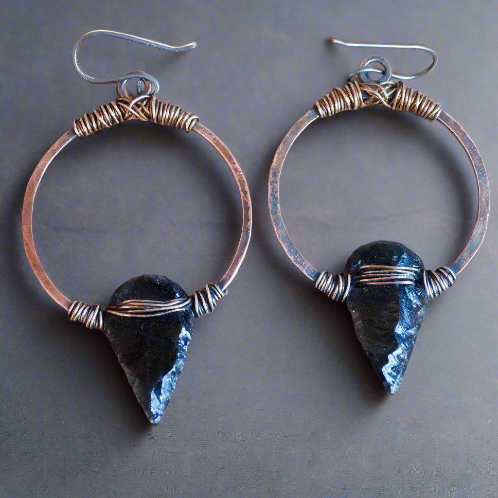 Obsidian Arrowhead Hoop Earrings – Boho | Handmade by Blackbird &amp; Sage