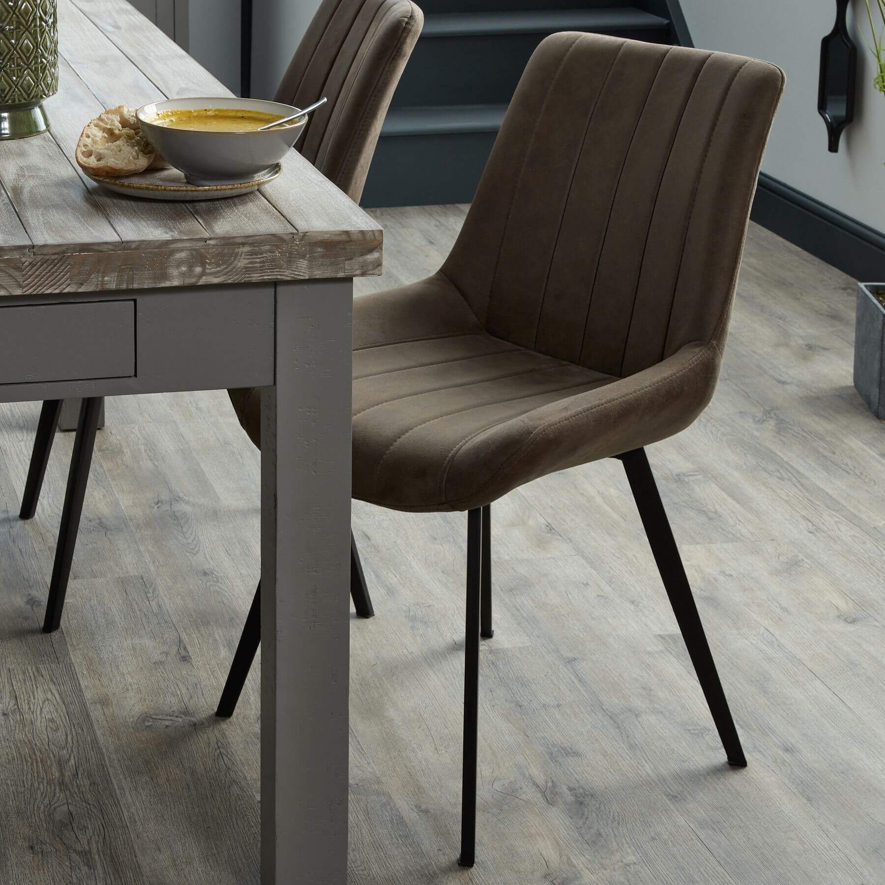 Coffee Brown Dining Chair with Channel Stitching and Metal Legs