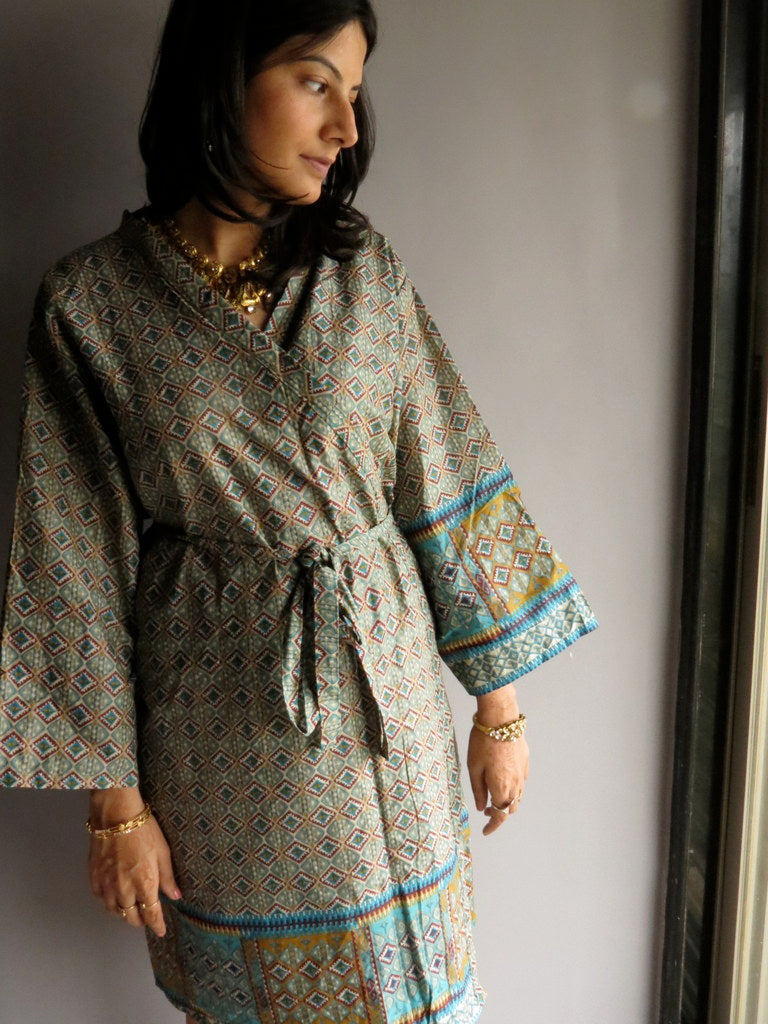 Blue Plaid Knee Length, Kimono Crossover Belted Robe-2