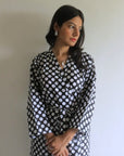 Black Polka Dots Knee Length, Kimono Crossover Belted Robe-2