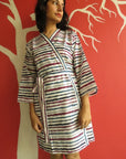 White Blue Striped Knee Length, Kimono Crossover Belted Robe-2