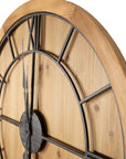 Large wooden wall clock with grey metal roman numerals on warm brown wood, rustic-modern statement piece for home decor by RoomLondon at brixbailey.com