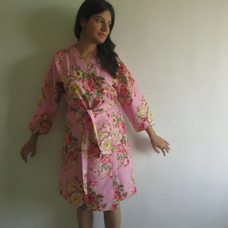 Pink Floral Knee Length, Kimono Crossover Belted Robe-4