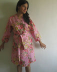 Pink Floral Knee Length, Kimono Crossover Belted Robe-4