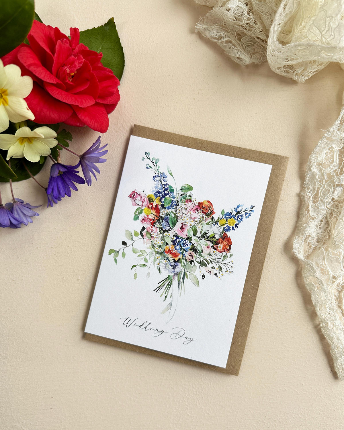 Floral Happy Wedding Day Card – Hand-Painted Watercolour Bouquet