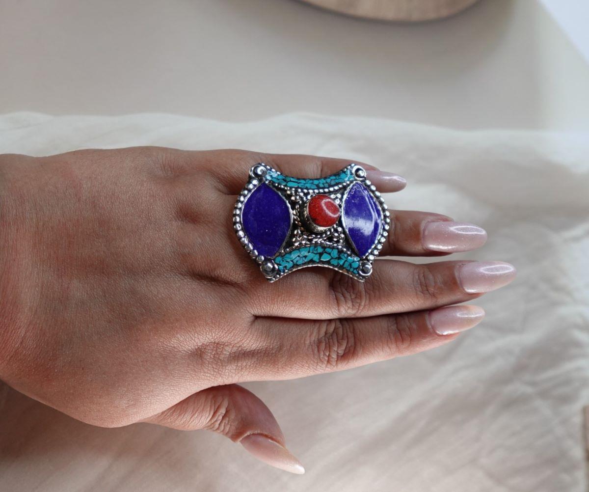 Adjustable Tibetan Silver Ring – Turquoise, Coral & Lapis Inlay