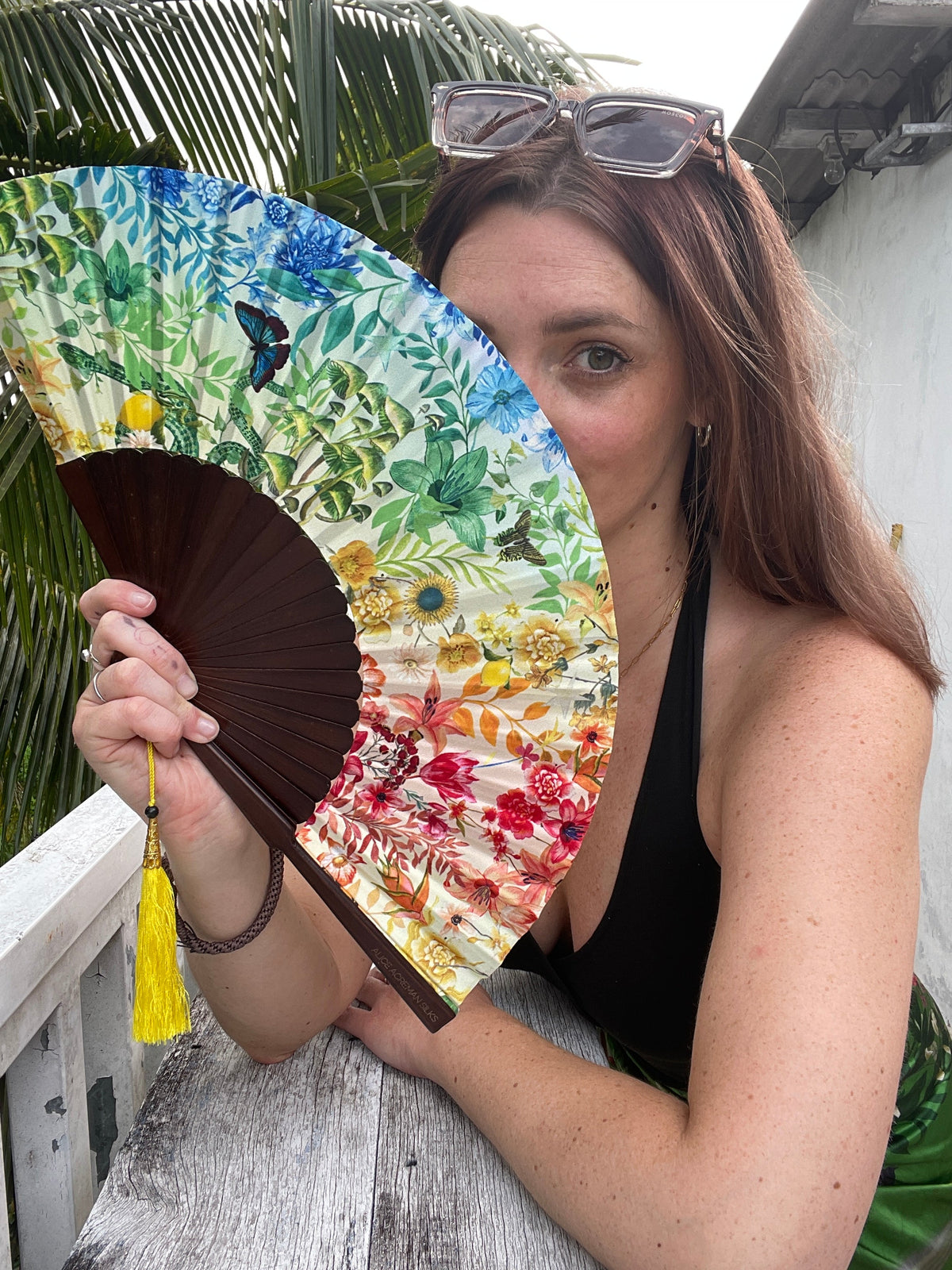 Colourful Silk folding hand fan 'kaleido-bloom' print with floral &amp; nature filled rainbow design