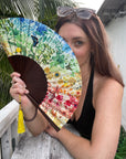 Colourful Silk folding hand fan 'kaleido-bloom' print with floral & nature filled rainbow design