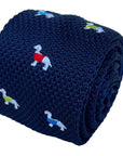 navy blue knitted tie with embroidered dog design