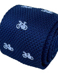 navy blue knitted tie with white embroidered bicycle bike design