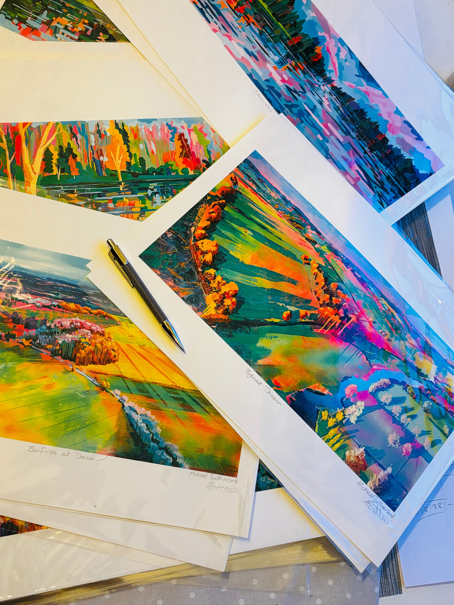 Boxfields at Dawn luxury giclee fine art print, premium limited edition landscape artwork, hand signed Wiltshire countryside decor by Michael Sutherland Art at brixbailey.com