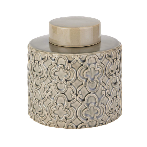 Handcrafted ceramic urn with Marrakesh-inspired raised patterns, cool grey glaze, and removable lid â€“ modern artisan home decor. by Sostter at brixbailey.com