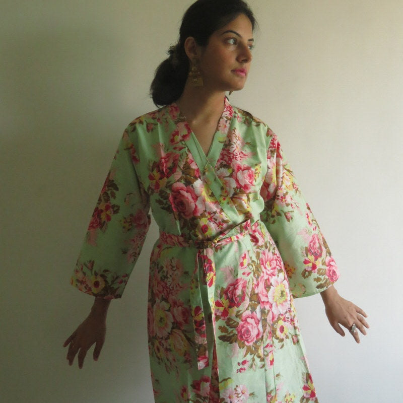 Mint Floral Knee Length, Kimono Crossover Belted Robe-4