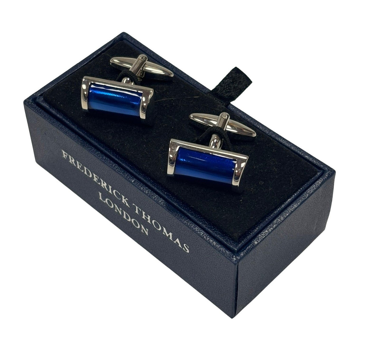 silver rectangular cufflinks with blue stone