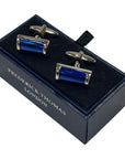 silver rectangular cufflinks with blue stone