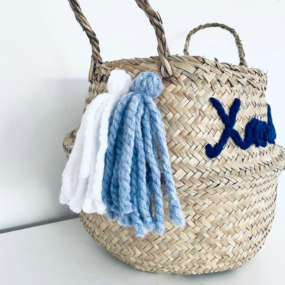 Navy Blue Personalised tassel name basket - Small