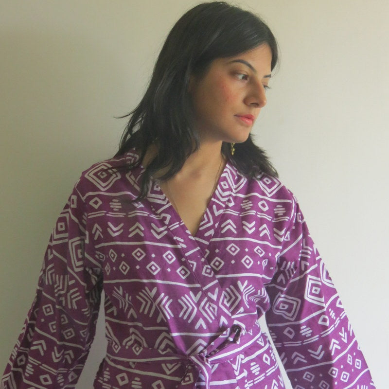 Purple Aztec Knee Length, Kimono Crossover Belted Robe-0