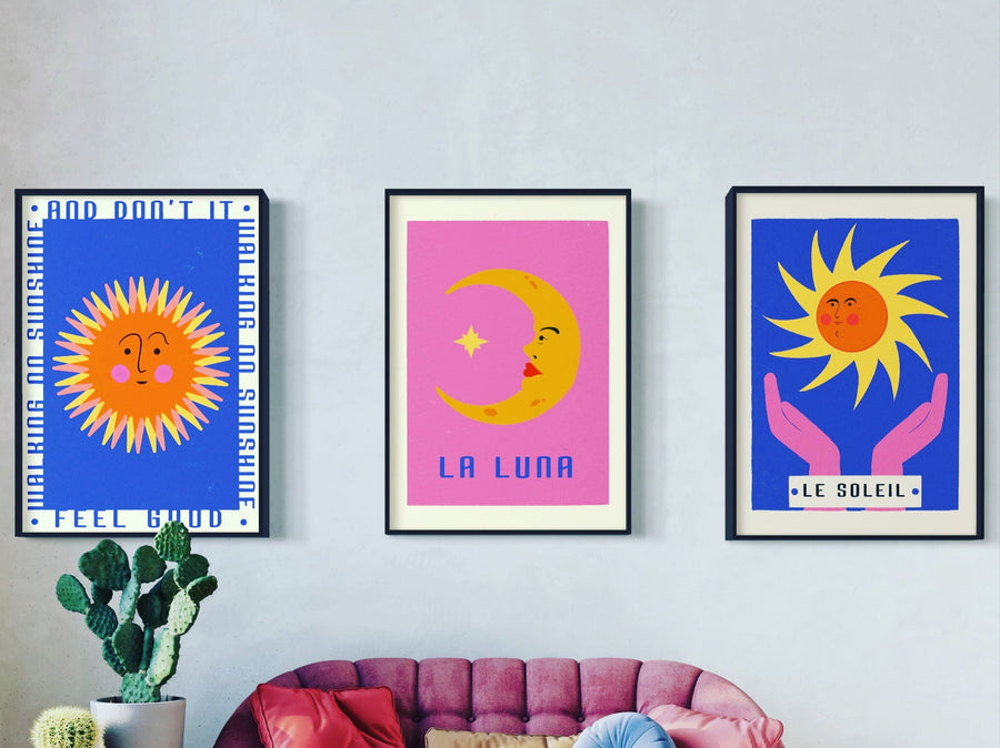 Brightly colored retro matchbox art print, premium 230gsm paper, framed or unframed, A5 to A0 sizes, Walking on Sunshine design by Little Egret Design at brixbailey.com