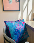 Terquoise tropical watercolour art Cushion 'Jungala' double sided design, made from Vegan friendly Suede