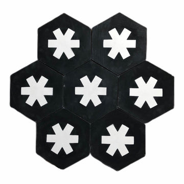Luxury black and white hex cement floor tiles, premium handcrafted cruz cross design, stylish contemporary statement for interior walls and floors by Maria Starling Design at brixbailey.com
