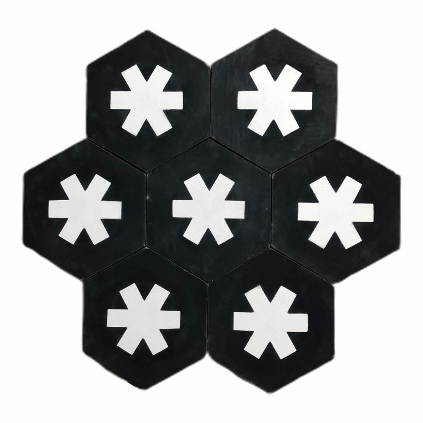 Luxury black and white hex cement floor tiles, premium handcrafted cruz cross design, stylish contemporary statement for interior walls and floors by Maria Starling Design at brixbailey.com