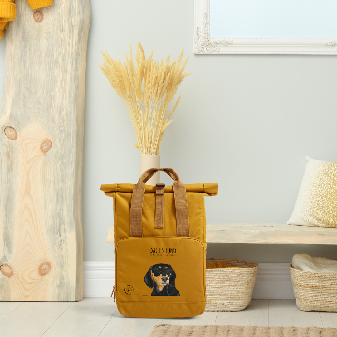 Back &amp; Tan Dachshund Roll-Top Backpack – Small Dog, Big Adventure!