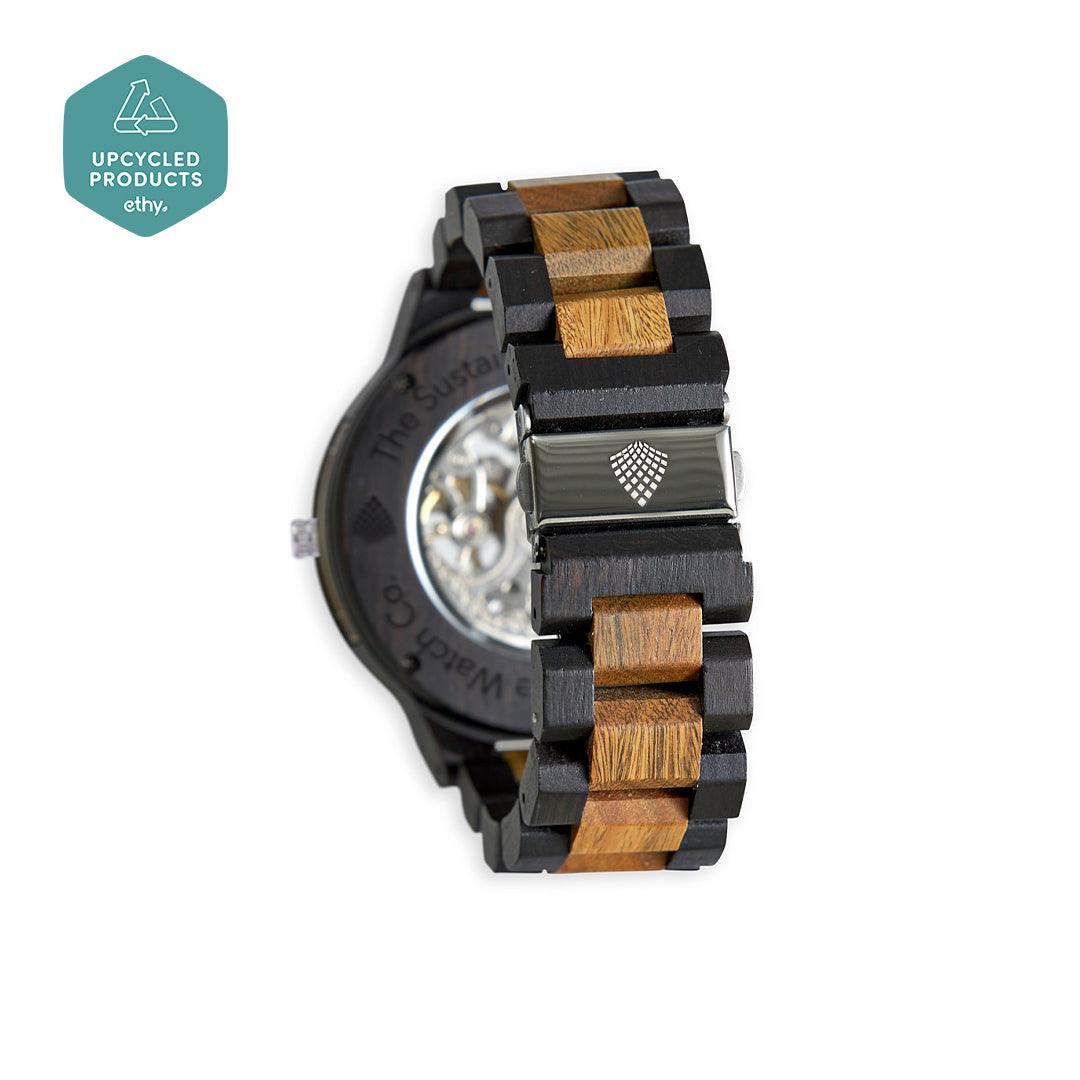 Premium handcrafted wood watch for men, recycled ebony and sandalwood, exposed mechanical movement, eco-friendly luxury timepiece by The Sustainable Watch Company at brixbailey.com