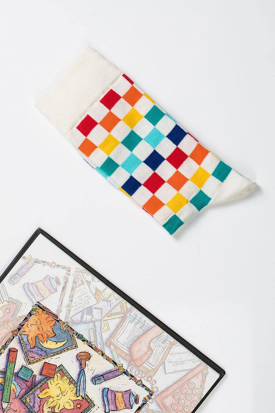 Colorful checkered socks, premium cotton blend, playful patterned design, elasticated band, best-selling stylish unisex socks, sizes 4-8 UK by Body and I at brixbailey.com