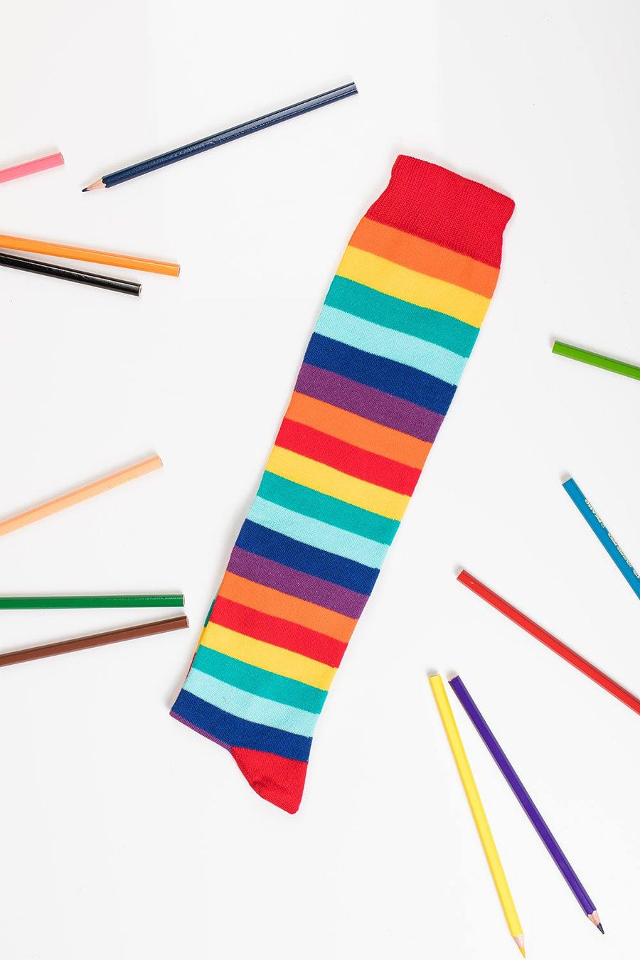 Luxury knee-length rainbow stripe socks, soft vibrant cotton blend, stylish fun design, best-selling colorful socks by Body and I at brixbailey.com