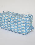 Blue elephant wash bag block print cotton with waterproof lining