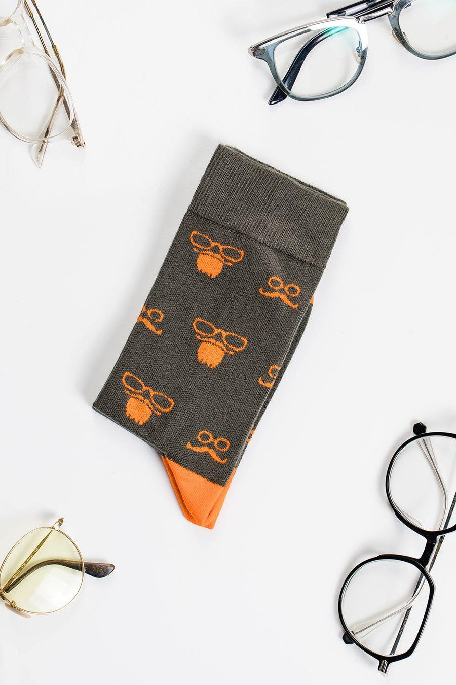 Novelty party socks with glasses and mustache, premium cotton-rich, ultra-snug, trending holiday style, sizes 4-8 UK by Body and I at brixbailey.com