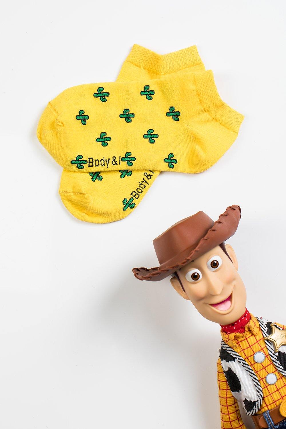 Cactus yellow patterns short ankle socks, premium cozy plant-themed socks with green succulent leaves, trendy autumn style by Body and I at brixbailey.com