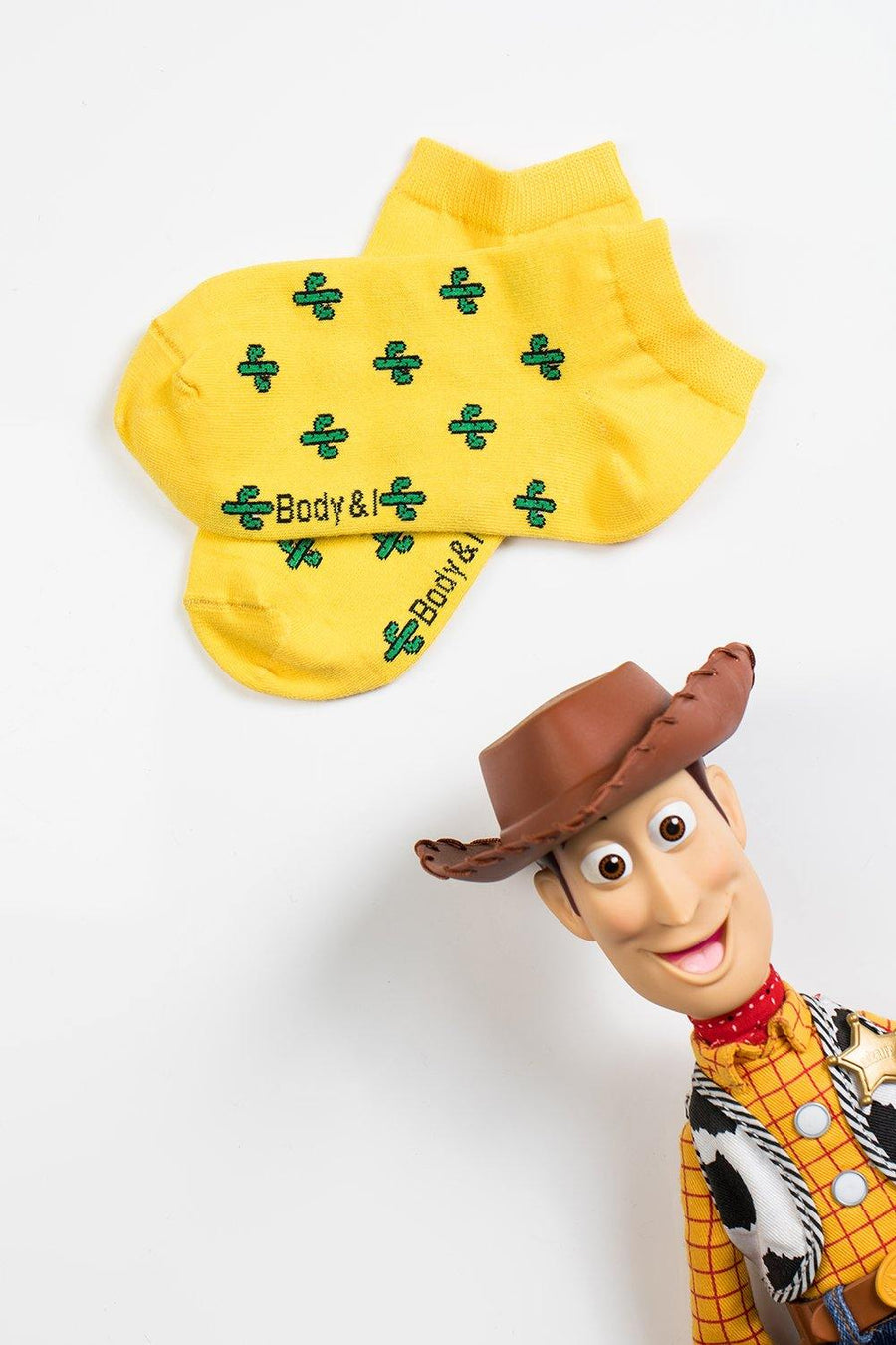 Cactus yellow patterns short ankle socks, premium cozy plant-themed socks with green succulent leaves, trendy autumn style by Body and I at brixbailey.com