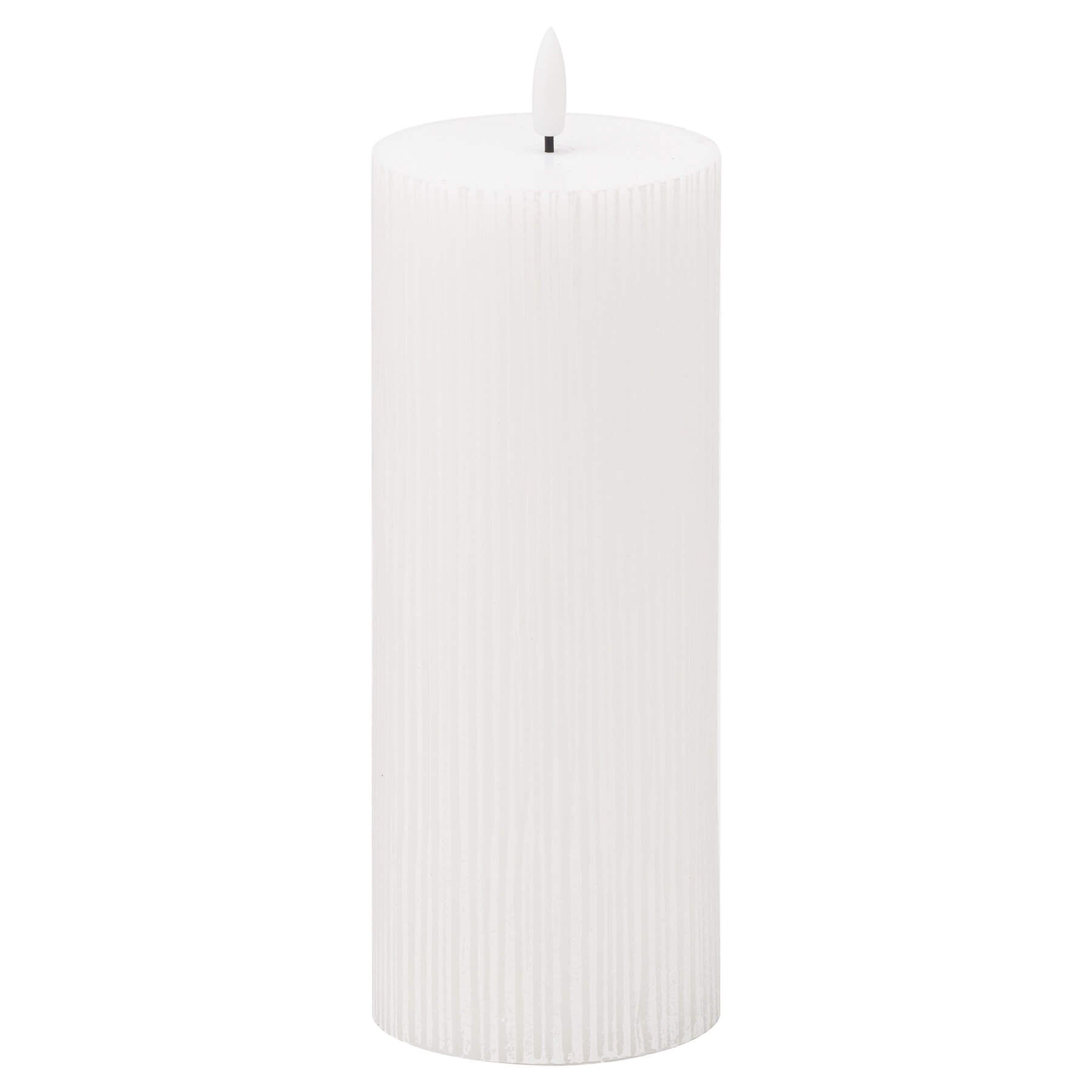 White ribbed LED candle with realistic flickering amber glow, flame-free and wax-free for safe home decor  by RoomLondon at brixbailey.com