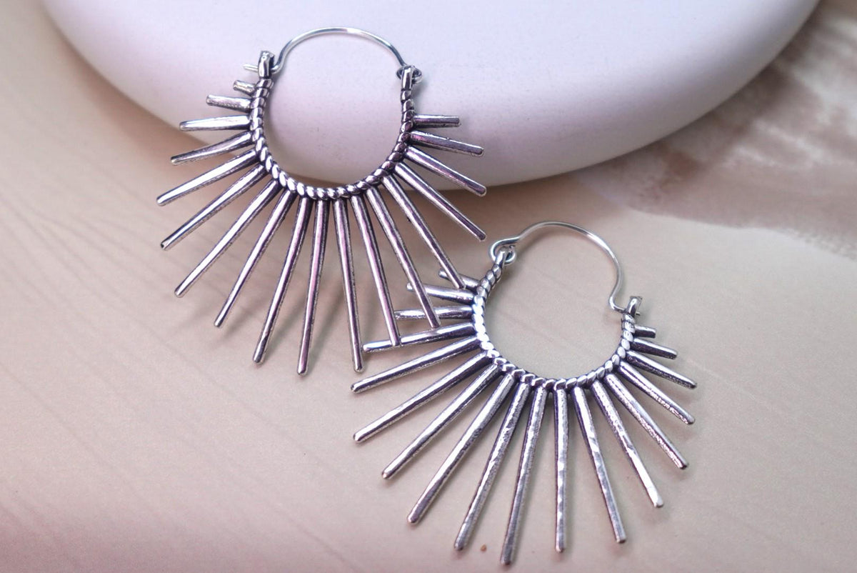 Boho style Brass/Silver Sunburst Hoop Earrings.