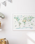 Hand-painted wildlife world map print for children