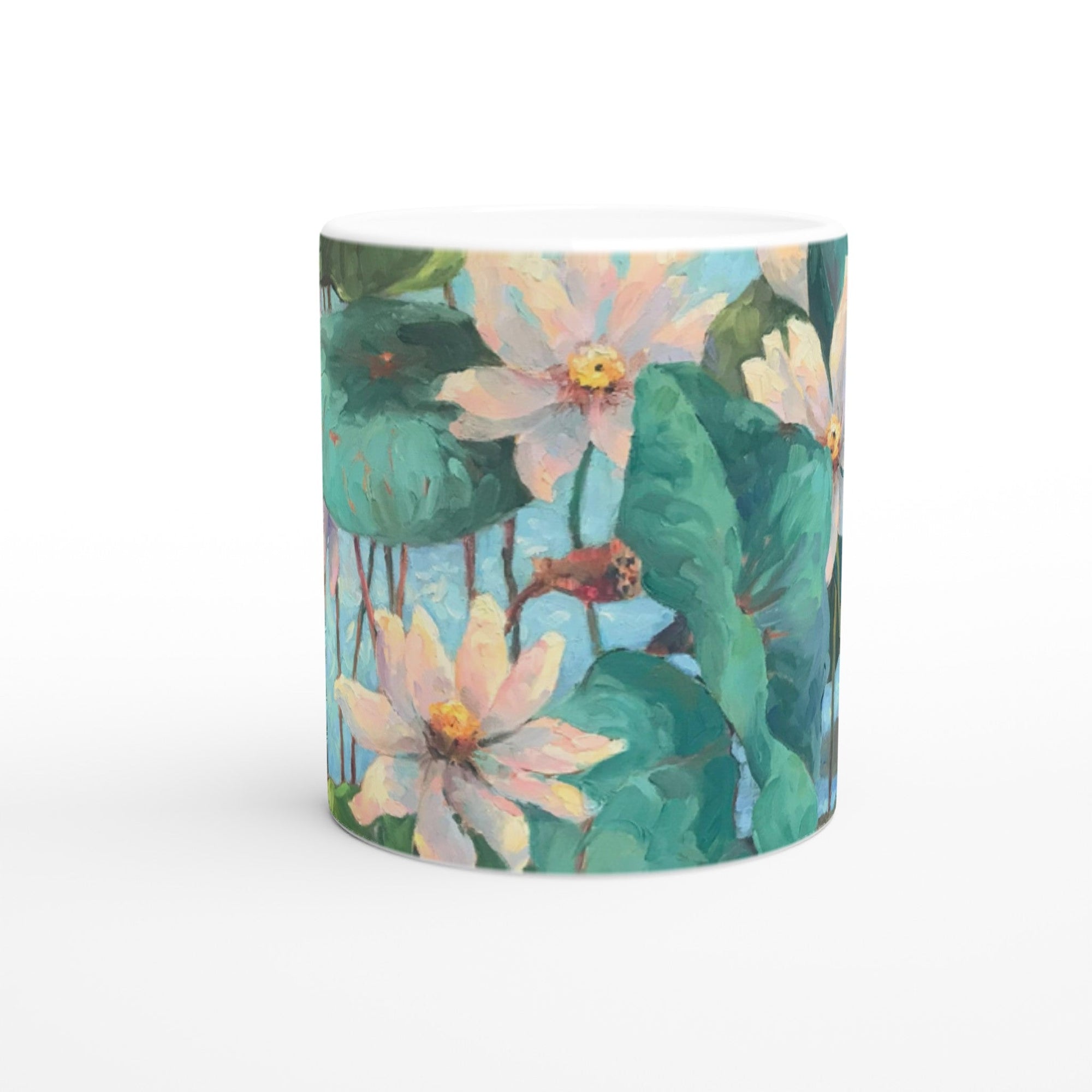 11oz White Ceramic Mug | Coffee Cup with &#39;Lily Pads&#39; Floral Artwork by American Artist Barbara Cleary