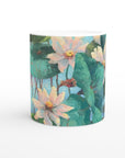 11oz White Ceramic Mug | Coffee Cup with 'Lily Pads' Floral Artwork by American Artist Barbara Cleary