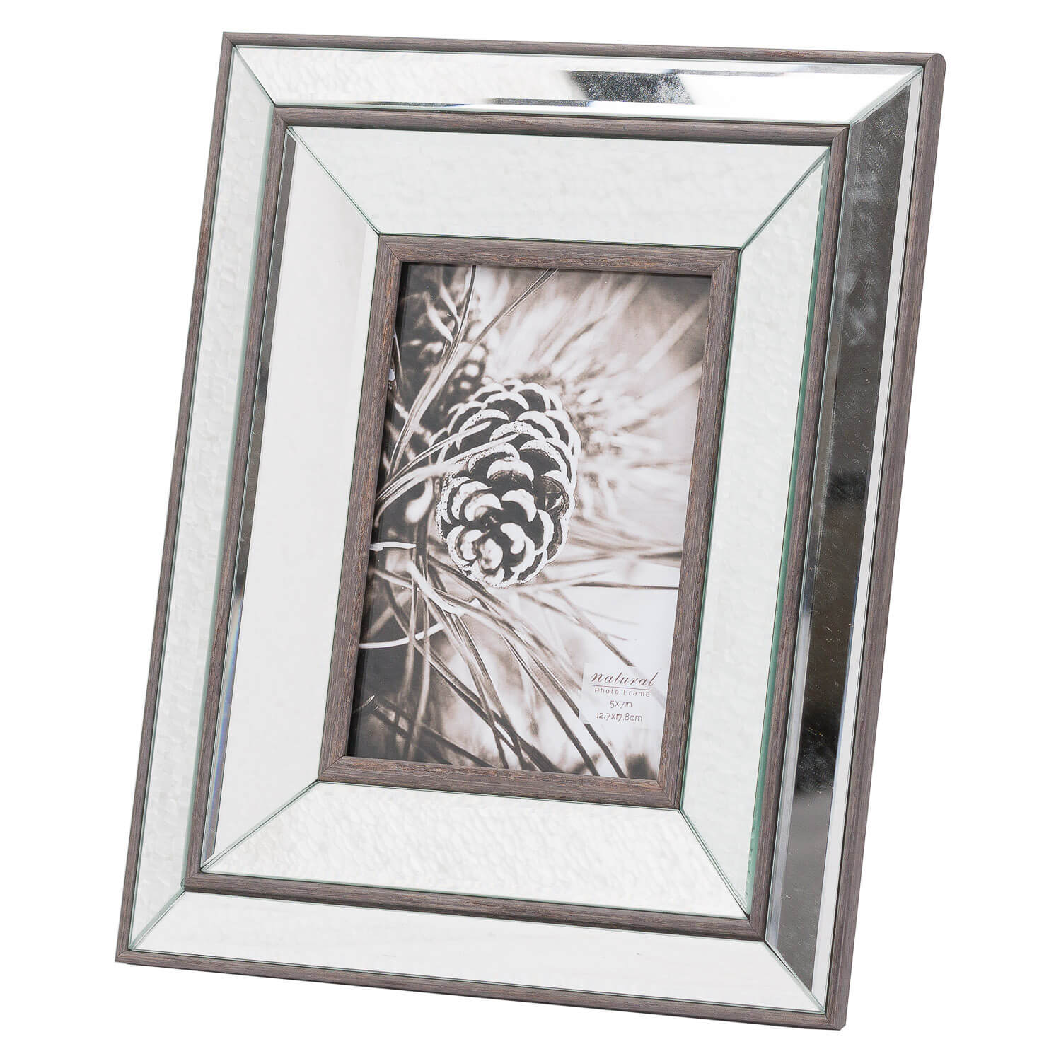 bold close-up of a warm wood and beveled mirror frame for a 5x7 photo