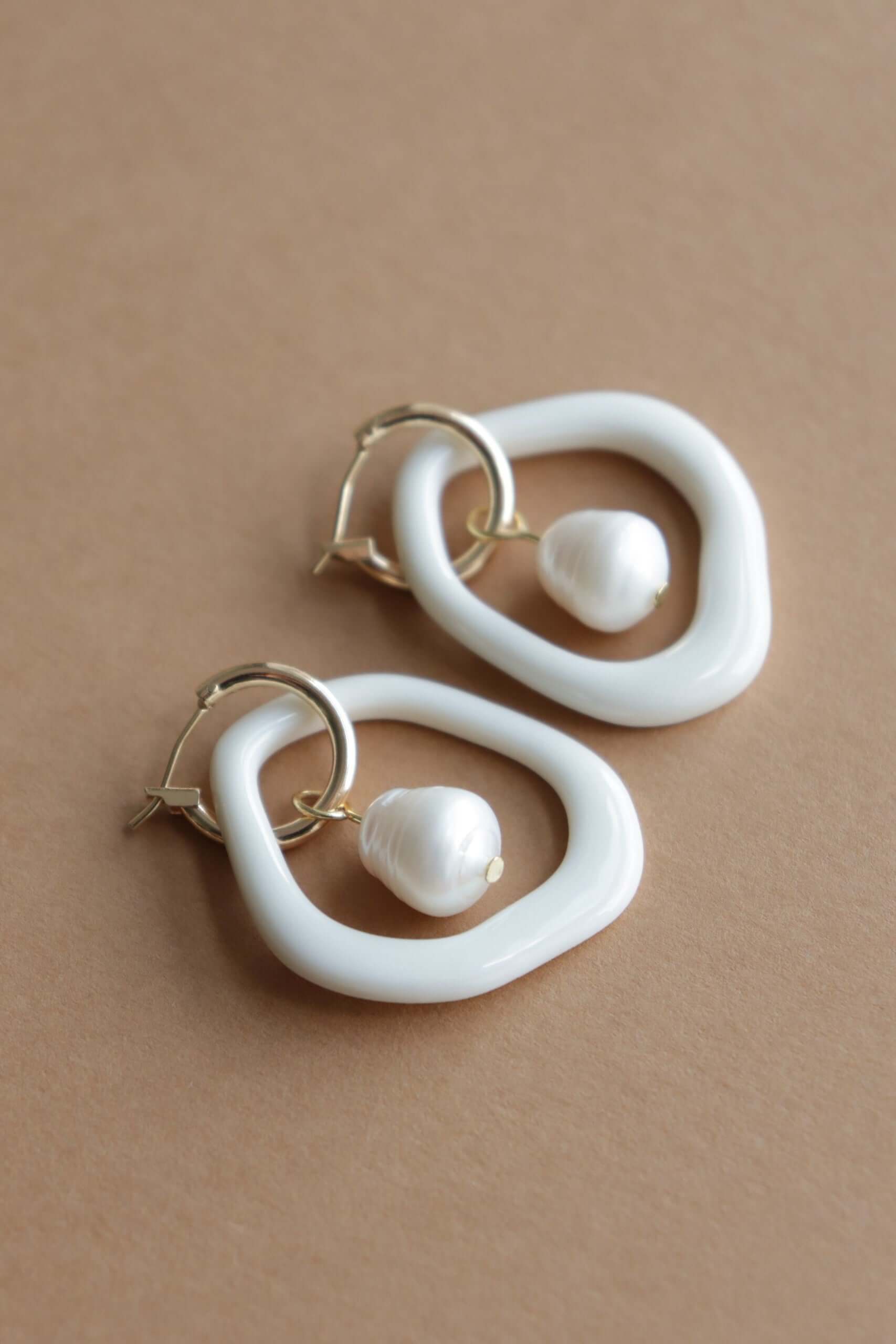 Porcelain and Pearl Hoop Earrings in White
